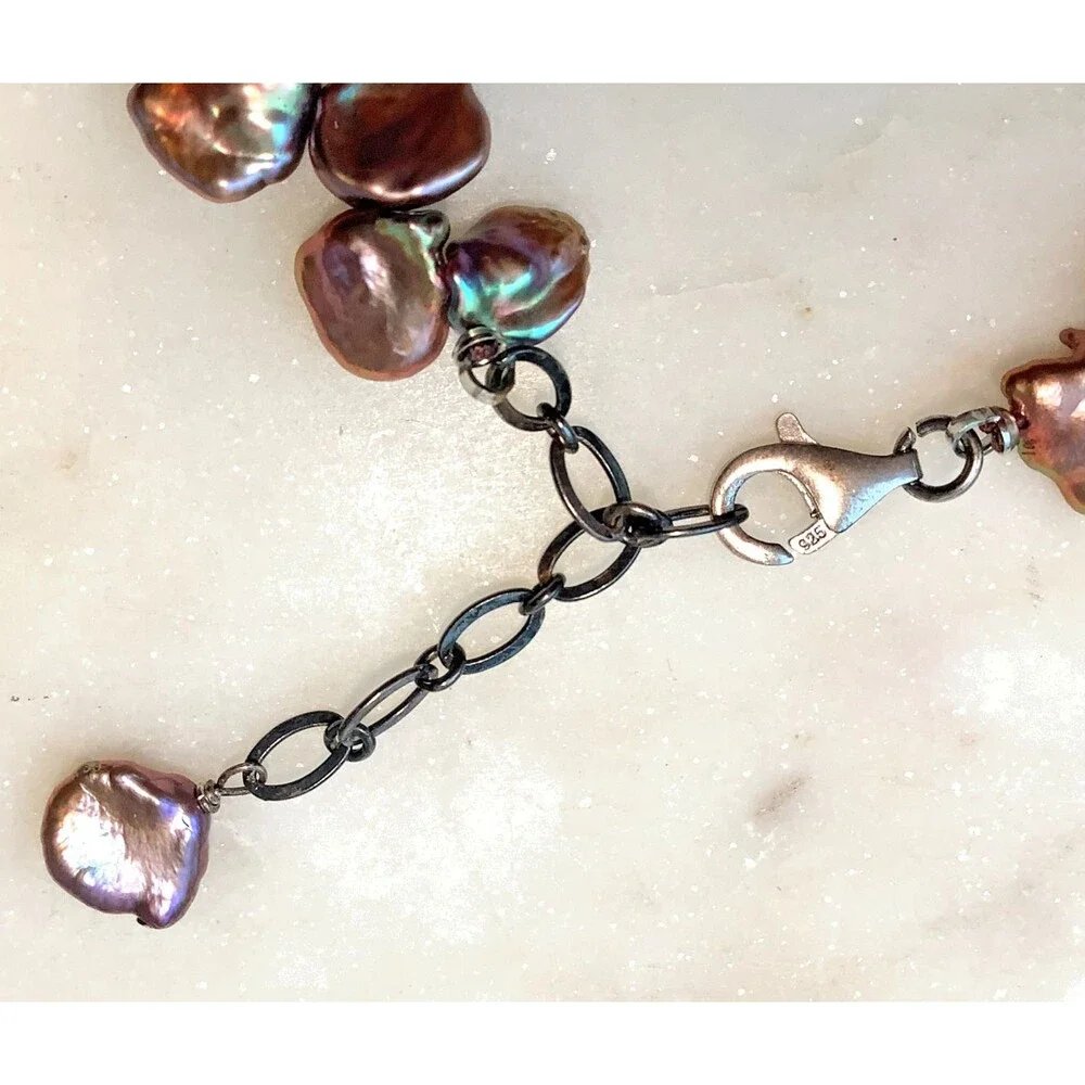 Peacock Pearl Necklace Baroque Iridescent Choker Sterling Silver 18